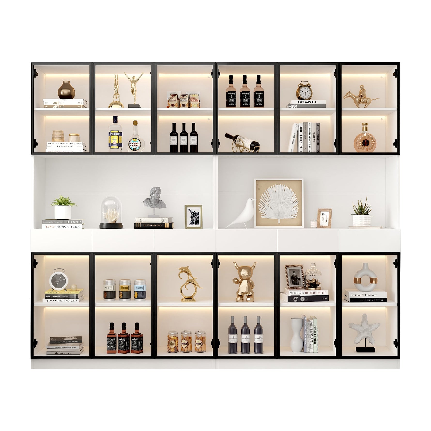 White Display Cabinet with LED Lights and Glass Doors, 200cm High, White and Black Frame