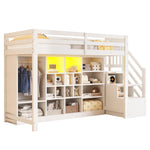 Loft Bed with Wardrobe, Storage Cabinets, LED and Storage Ladder, 90x200cm, White