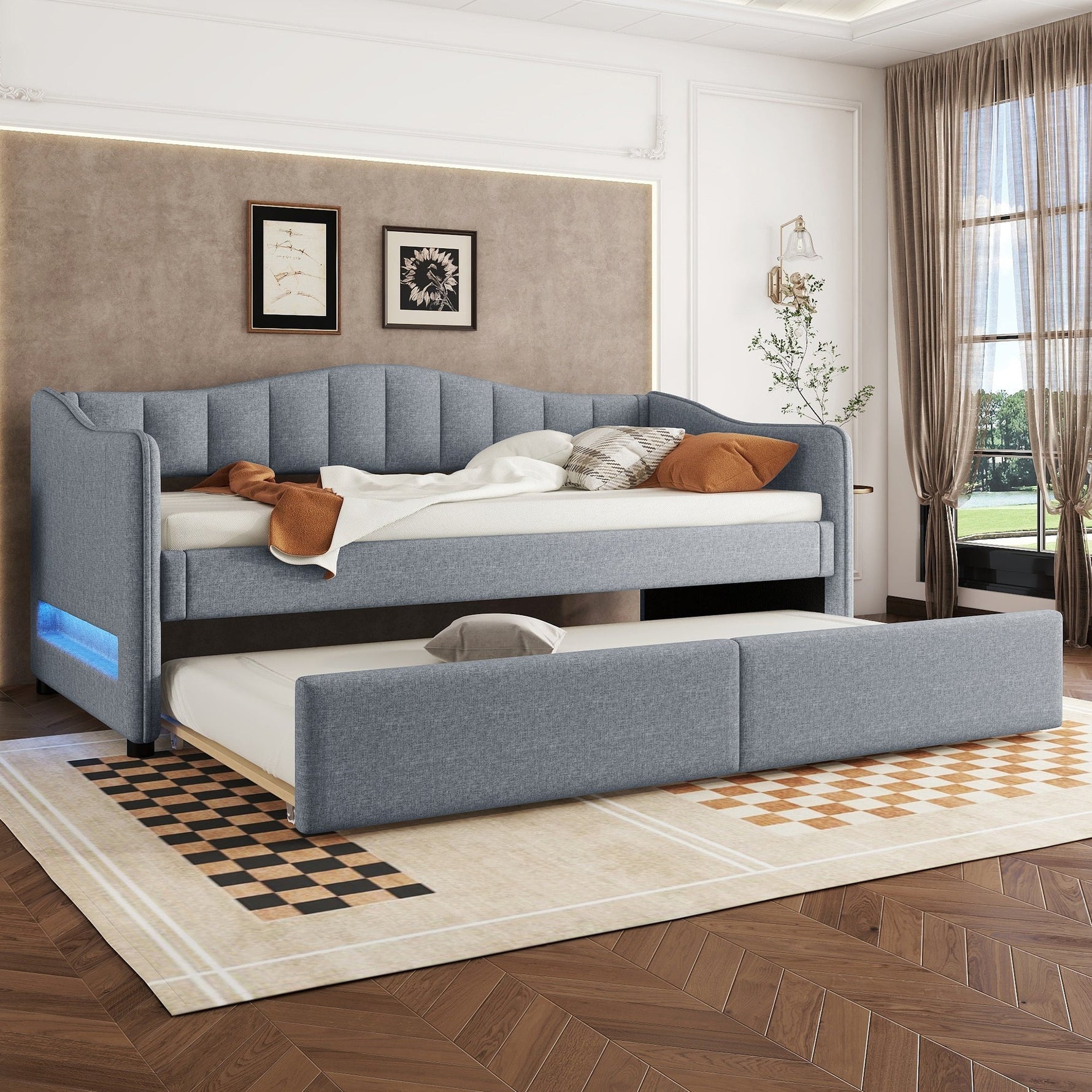 Daybed with Pull-out Bed and LED Ambient Lighting, 90x200cm, Grey Linen