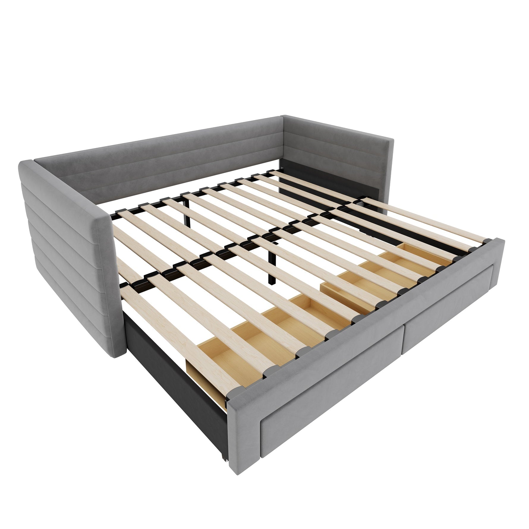 3-in-1 Upholstered Sofa Bed, Extendable with Drawers and Slatted Base, Grey Cotton and Linen