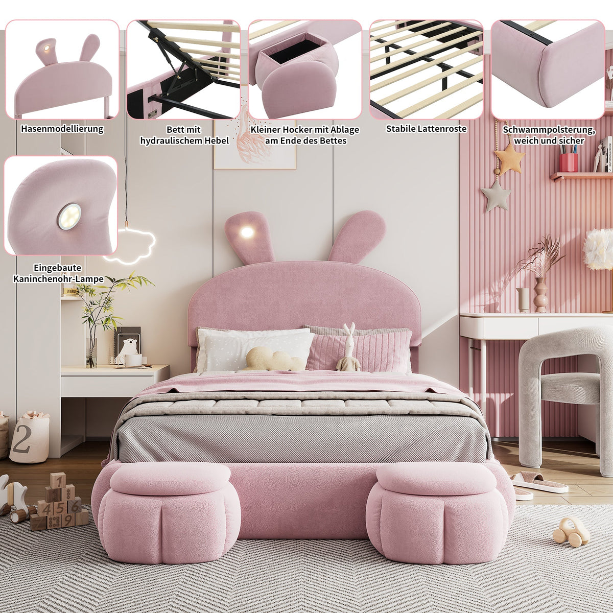 Upholstered Bed Hydraulic Storage, Bunny Ears LED Strips, 140x200cm, Stools, Velvet Pink