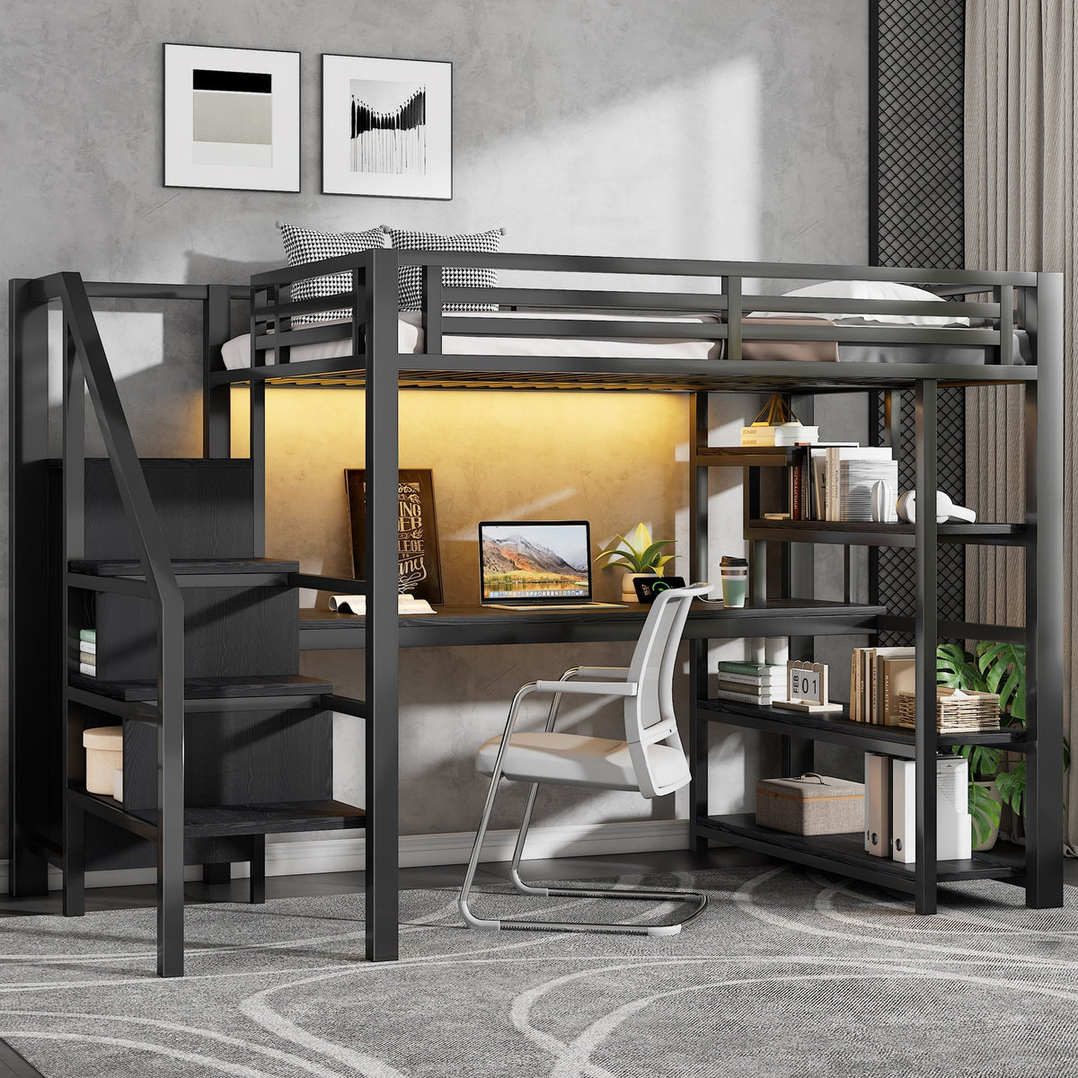 Metal Loft Bed 140x200cm with Stairs, Integrated Desk, Wardrobe, USB Charging and LED Lighting, Black