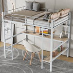 Loft Bed with Desk and Bookshelf, 90x200cm Metal Frame, White