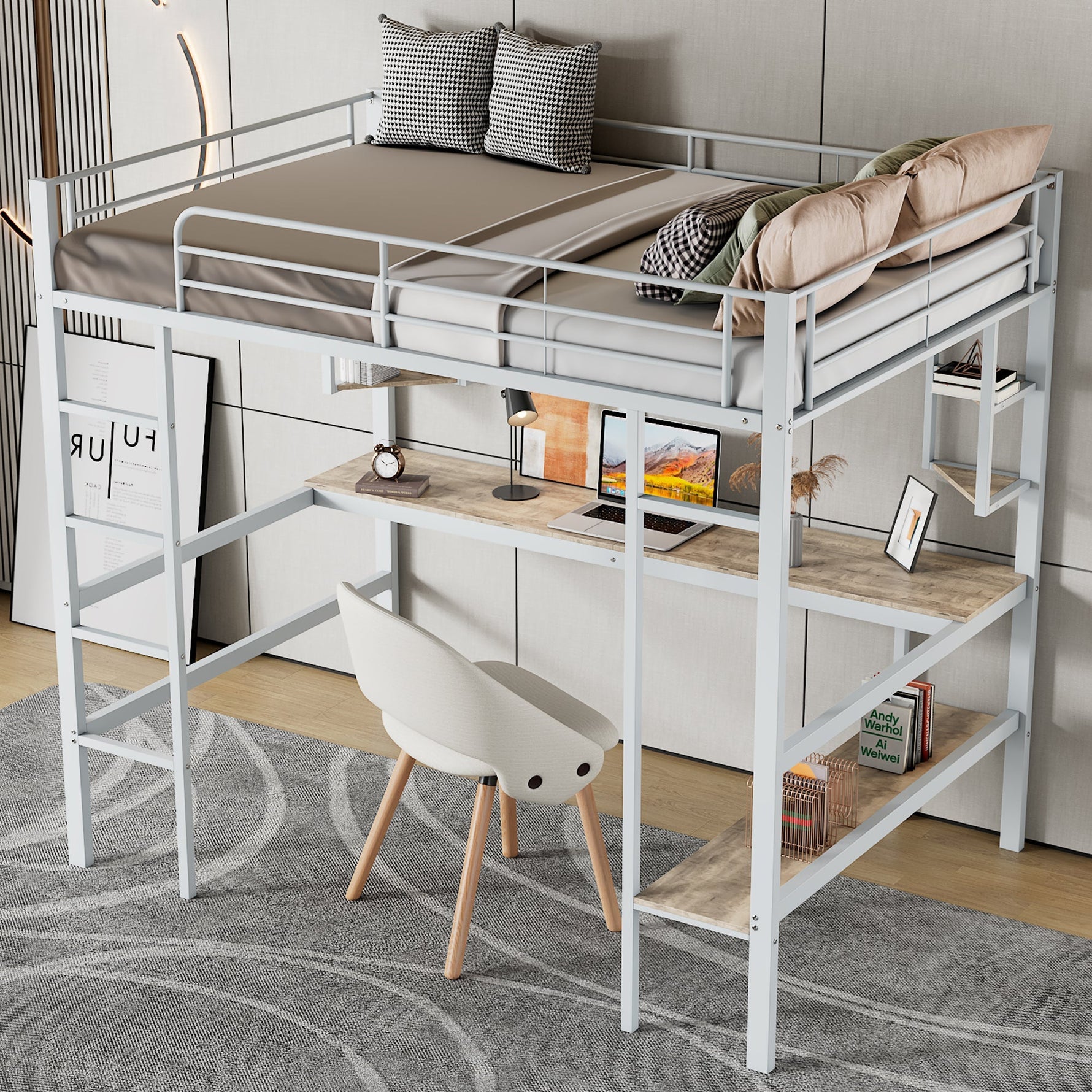 Loft Bed with Desk and Bookshelf, 90x200cm Metal Frame, White
