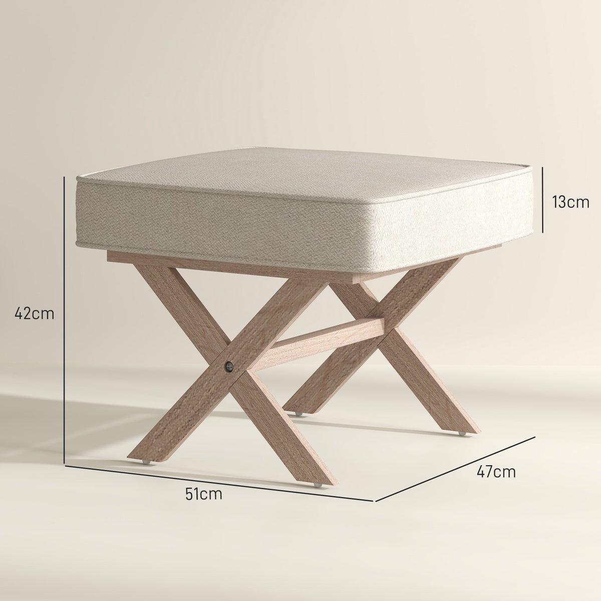 Ottoman Upholstered Bench Footstool with Padded Seat Wooden Footrest, Cream White