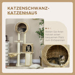Cat Tree Rattan Cat House, Multiple Platforms, Hammock, Ramp, Anti-tip, Plush Beige