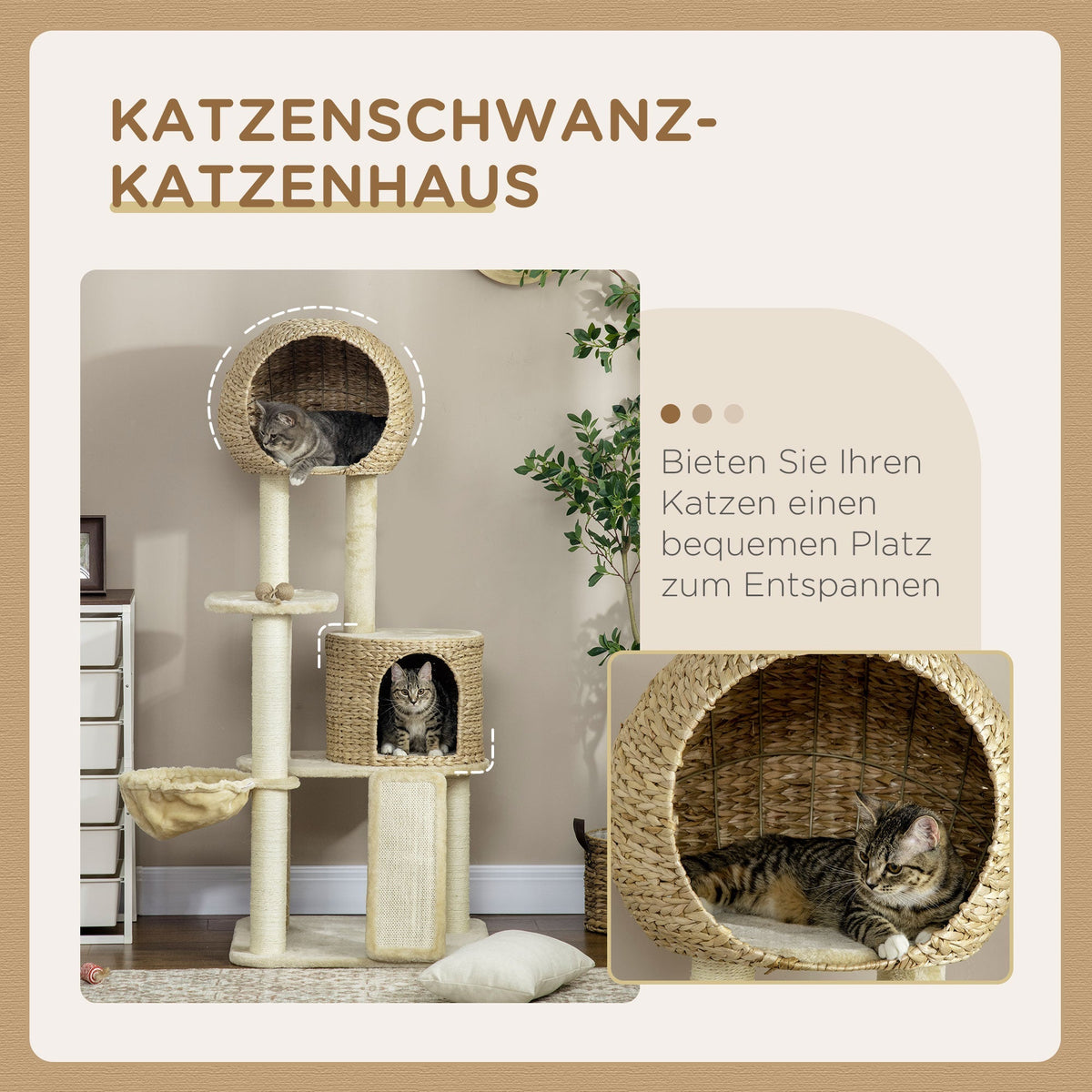 Cat Tree Rattan Cat House, Multiple Platforms, Hammock, Ramp, Anti-tip, Plush Beige
