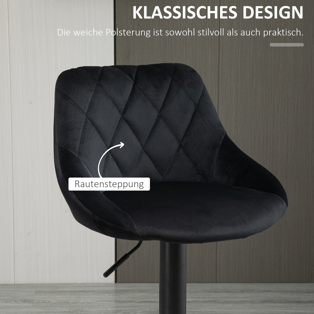 Bar Stool Set of 2, Height Adjustable with Footrest and Backrest, Velvet and Metal, Black