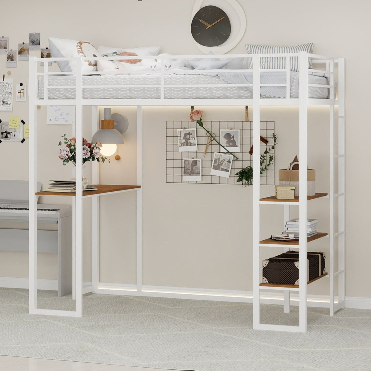 Iron Frame Bed, L-Shaped Desk, Railing, Stairs, Metal