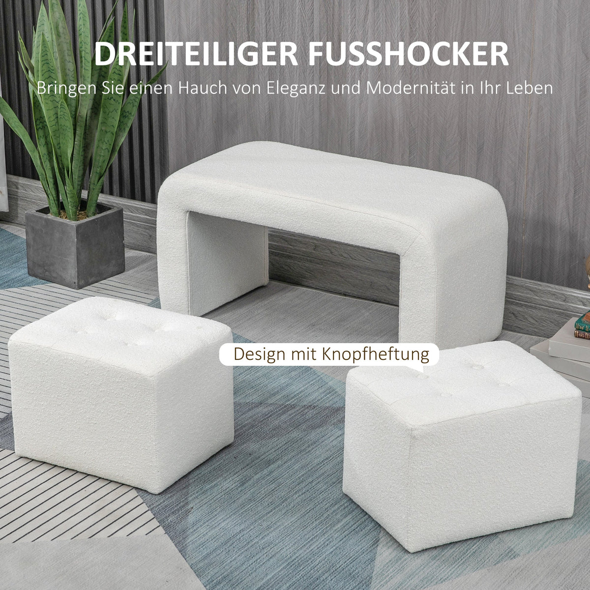 Footstool Set, 3-Piece Ottoman Seat, Upholstered, Elegant White