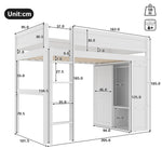 Loft Bed 90x200cm with Wardrobe & Storage, White Pine Wood