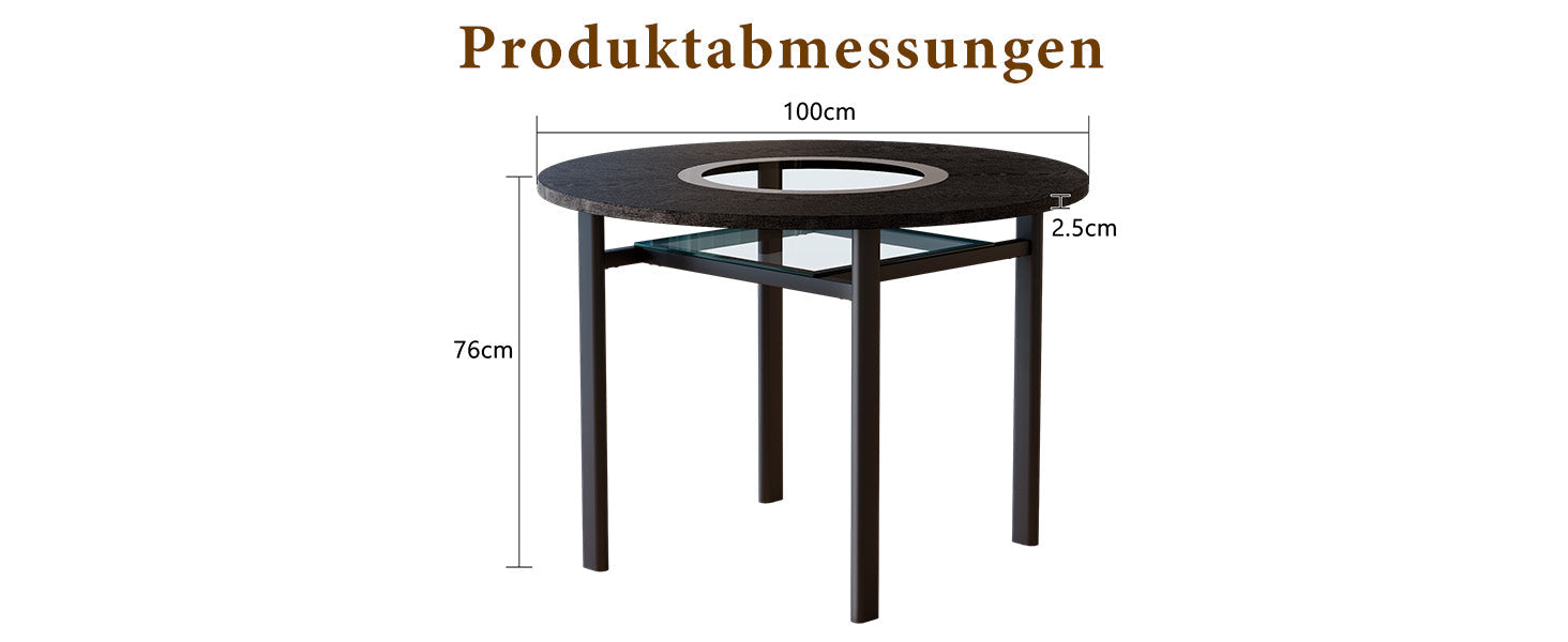Round Dining Table 100cm Minimalist Black Wood Grain Grey Glass Insert Metal Frame