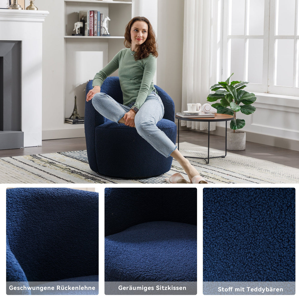 Swivel Accent Chair, Teddy Fabric Barrel Chair, Blue