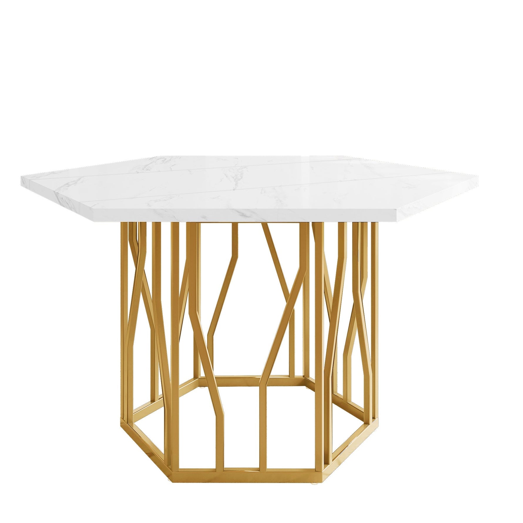 Dining Set (5-Piece) Modern Hexagonal Marble Table 4 Green Velvet Chairs Gold Legs