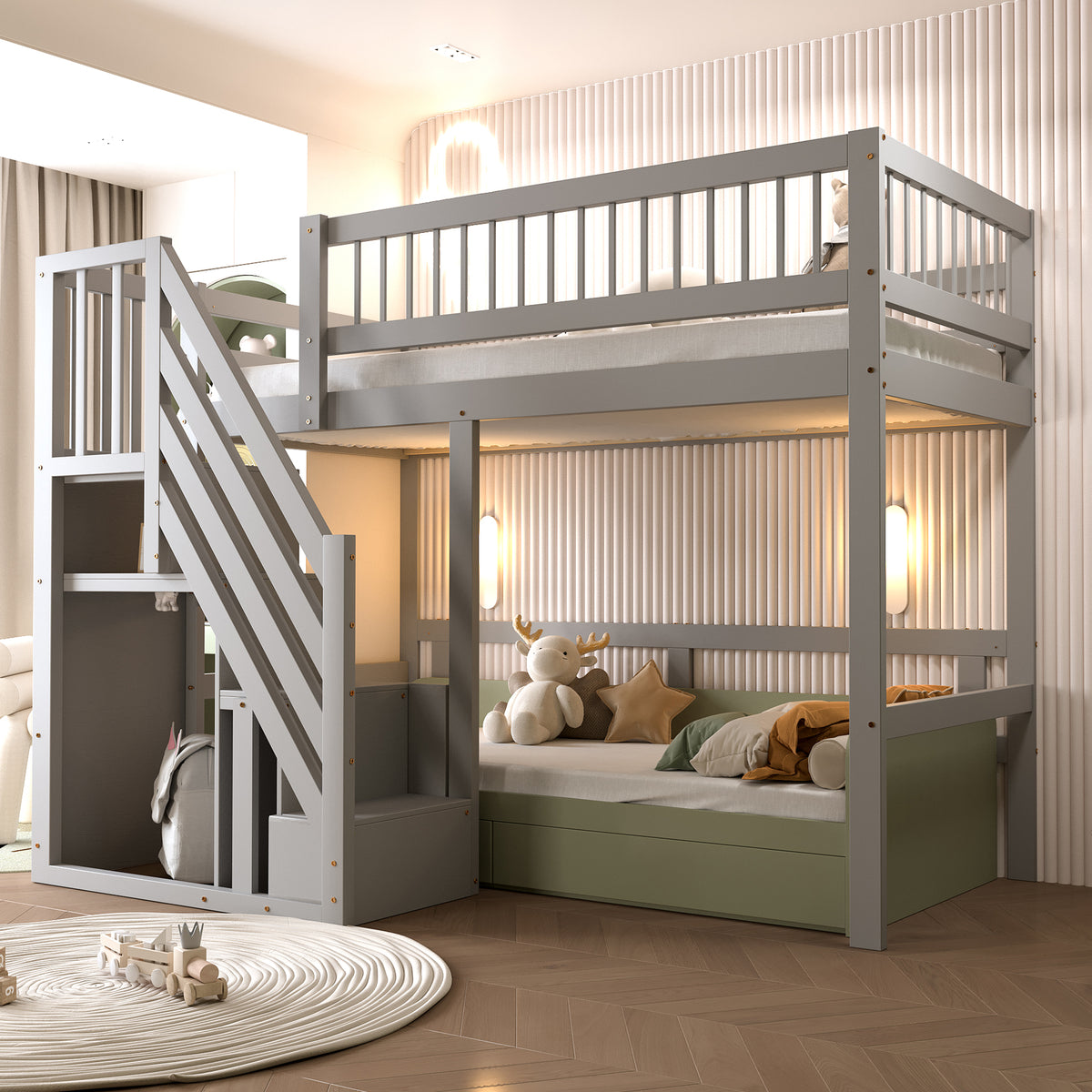Solid Wood Children's Bed 90x200 with Storage Cabinet, Grey