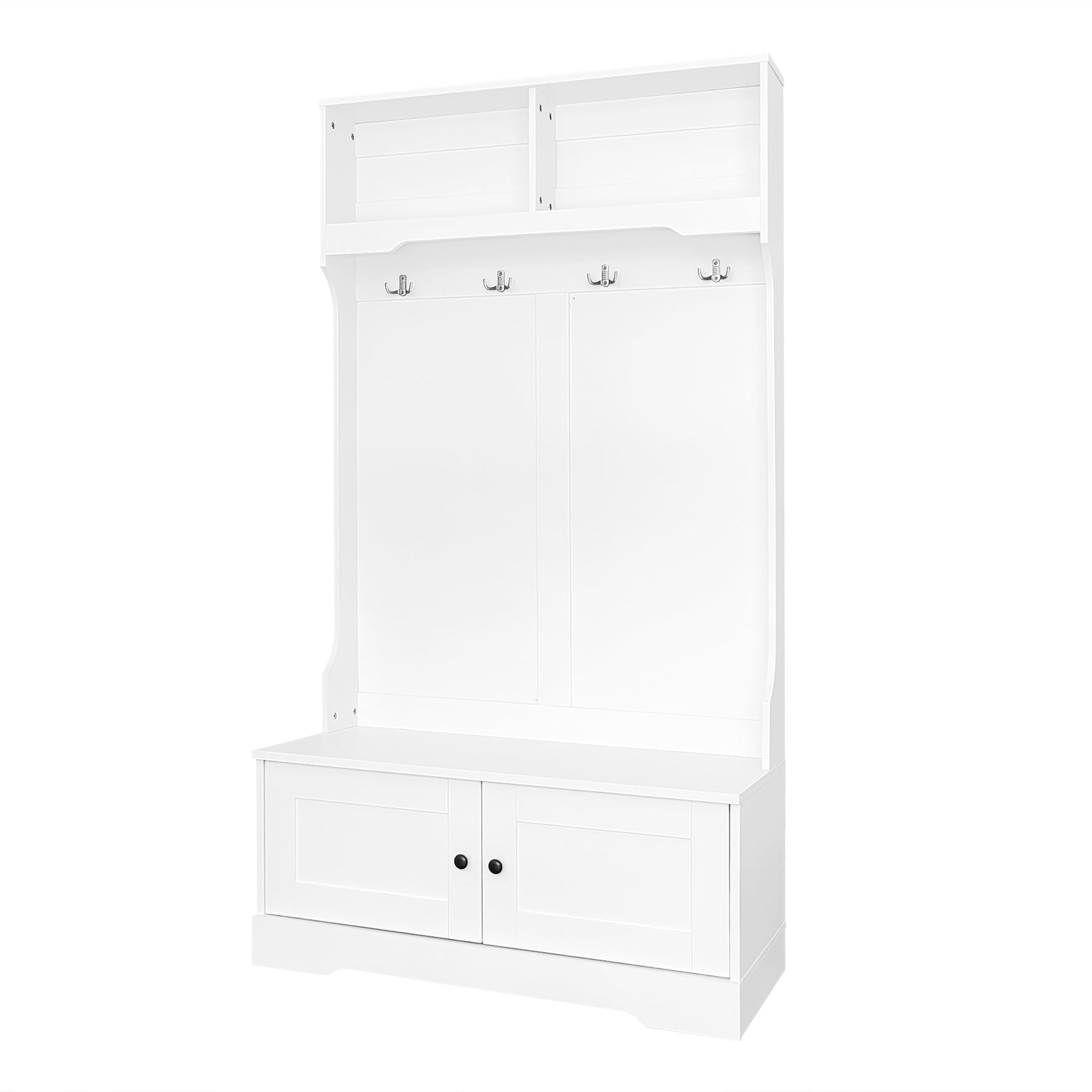 Entrance Cabinet, Storage Seat with Hooks & Open Compartments, White