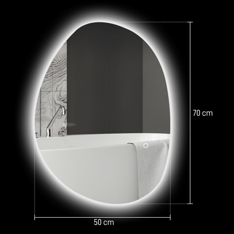 Asymmetrical Bathroom Mirror, LED Light, Smart Touch, Anti-Fog, Silver