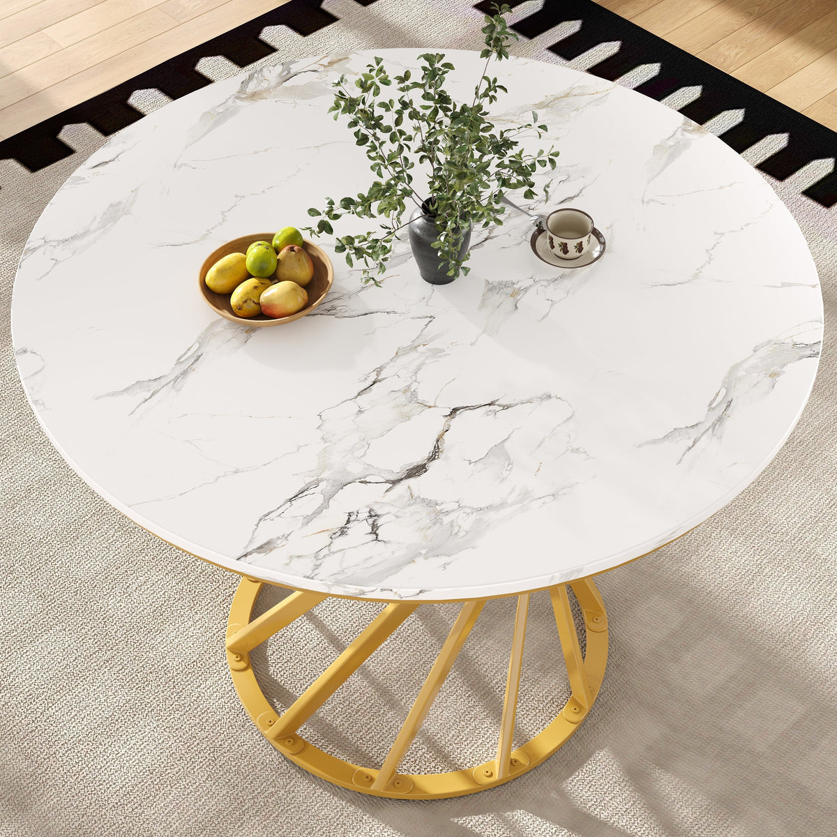 Round Dining Table 80cm for 4 Marbled MDF Top Metal Legs Gold