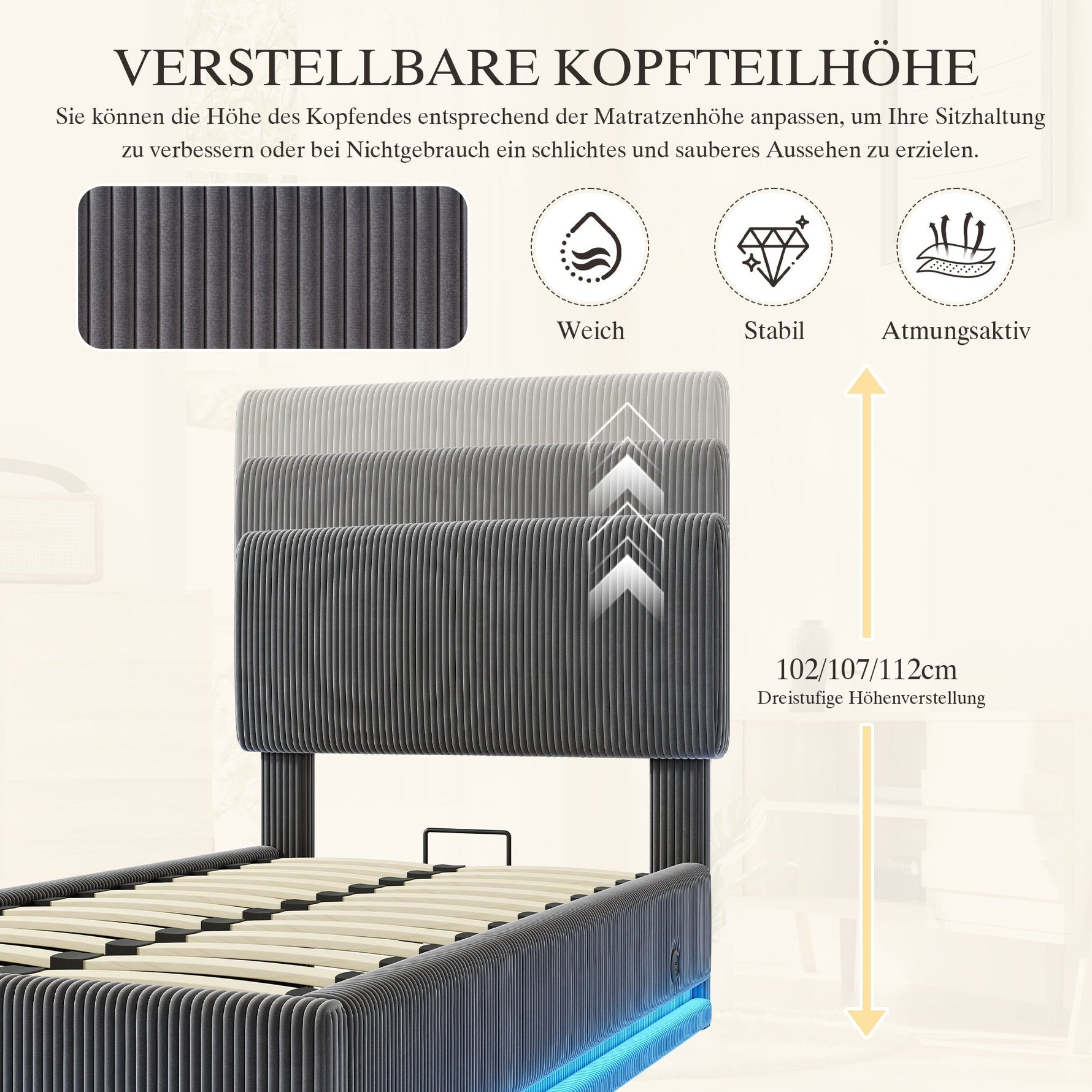 Modern Upholstered Bed with LED, USB-C Charging and Storage, 90x200, Gray Corduroy