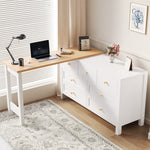 Desk, 7-Drawer 2-in-1 Rotating Workbench Sideboard, White/Natural Oak Look