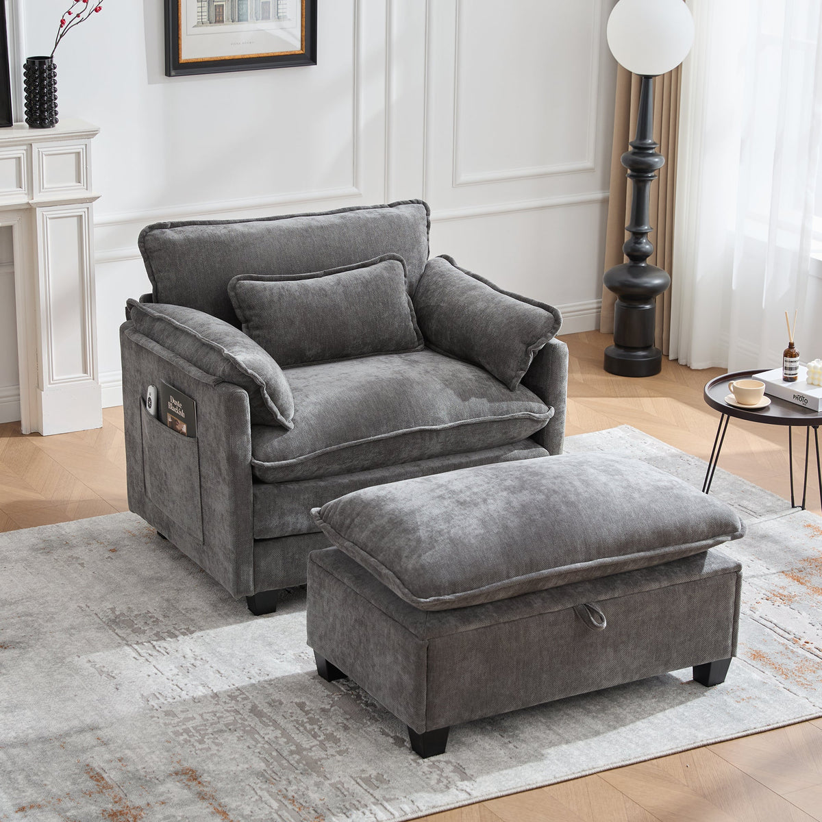 Oversized Armchair with Footrest Stool Side Pockets Cushions, Velvet