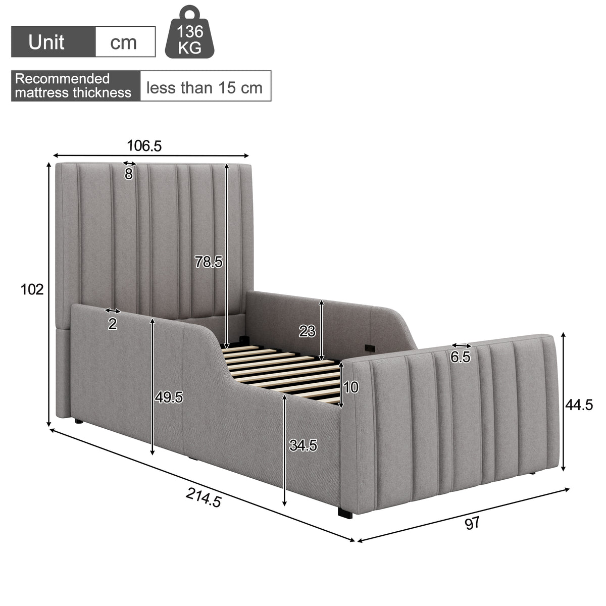 Upholstered Single Bed 90x200cm with Storage - Grey Linen