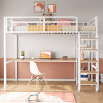 Metal Loft Bed with Safety Ladder, Table & Shelves, White