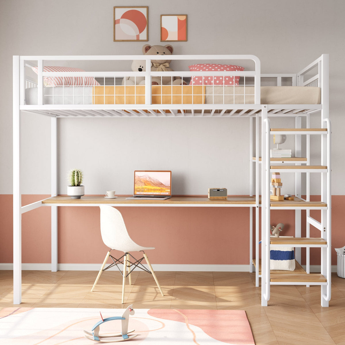 Metal Loft Bed with Safety Ladder, Table & Shelves, White