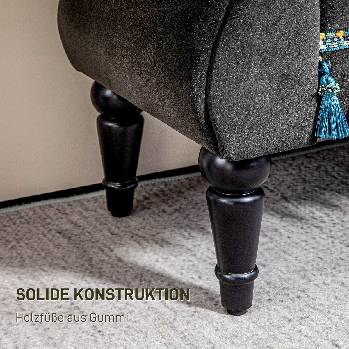 Upholstered Bench, Storage Armrest Wooden Legs, Dark Grey