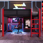 Gaming Loft Bed 140x200cm with Desk & LED, Black + Red