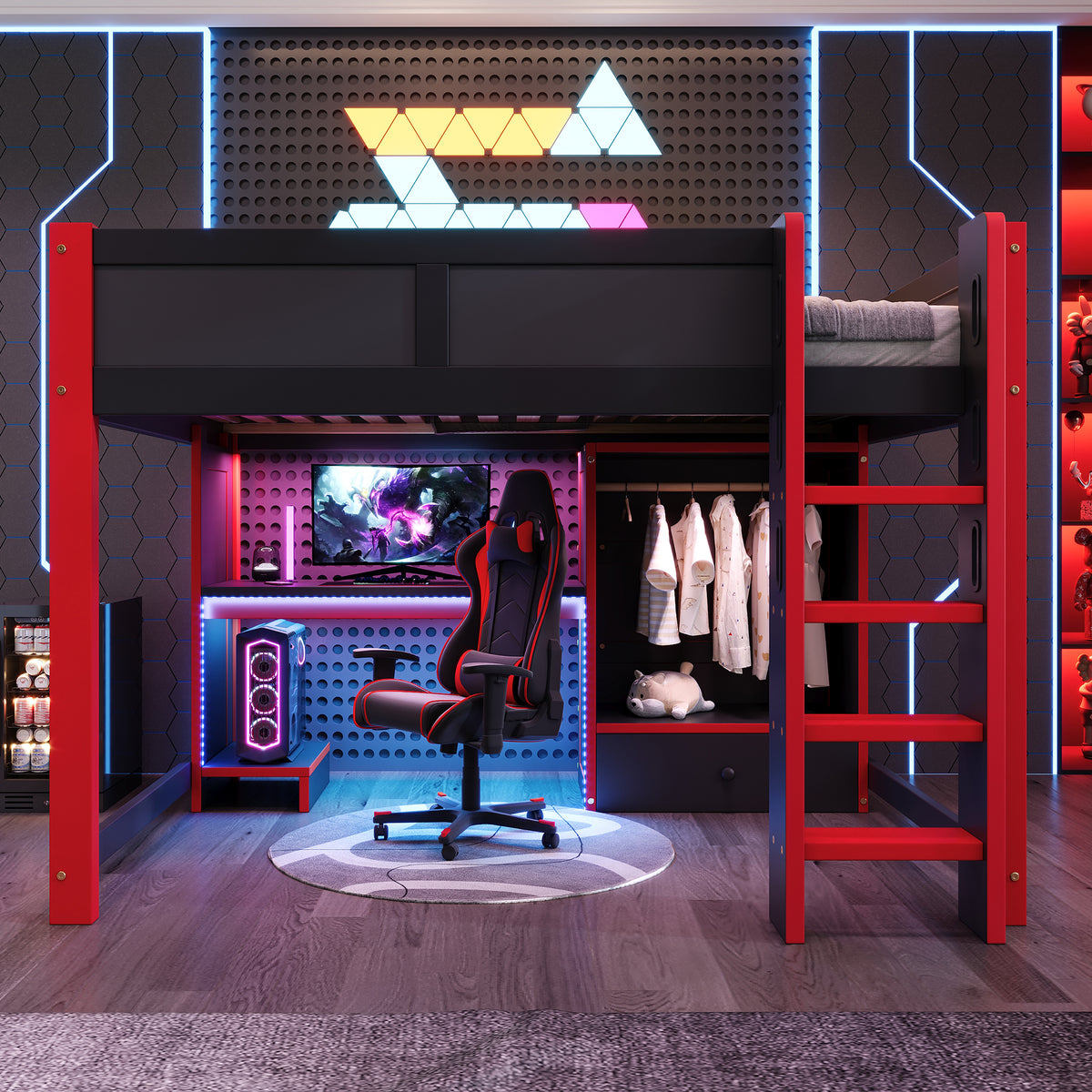 Gaming Loft Bed 140x200cm with Desk & LED, Black + Red