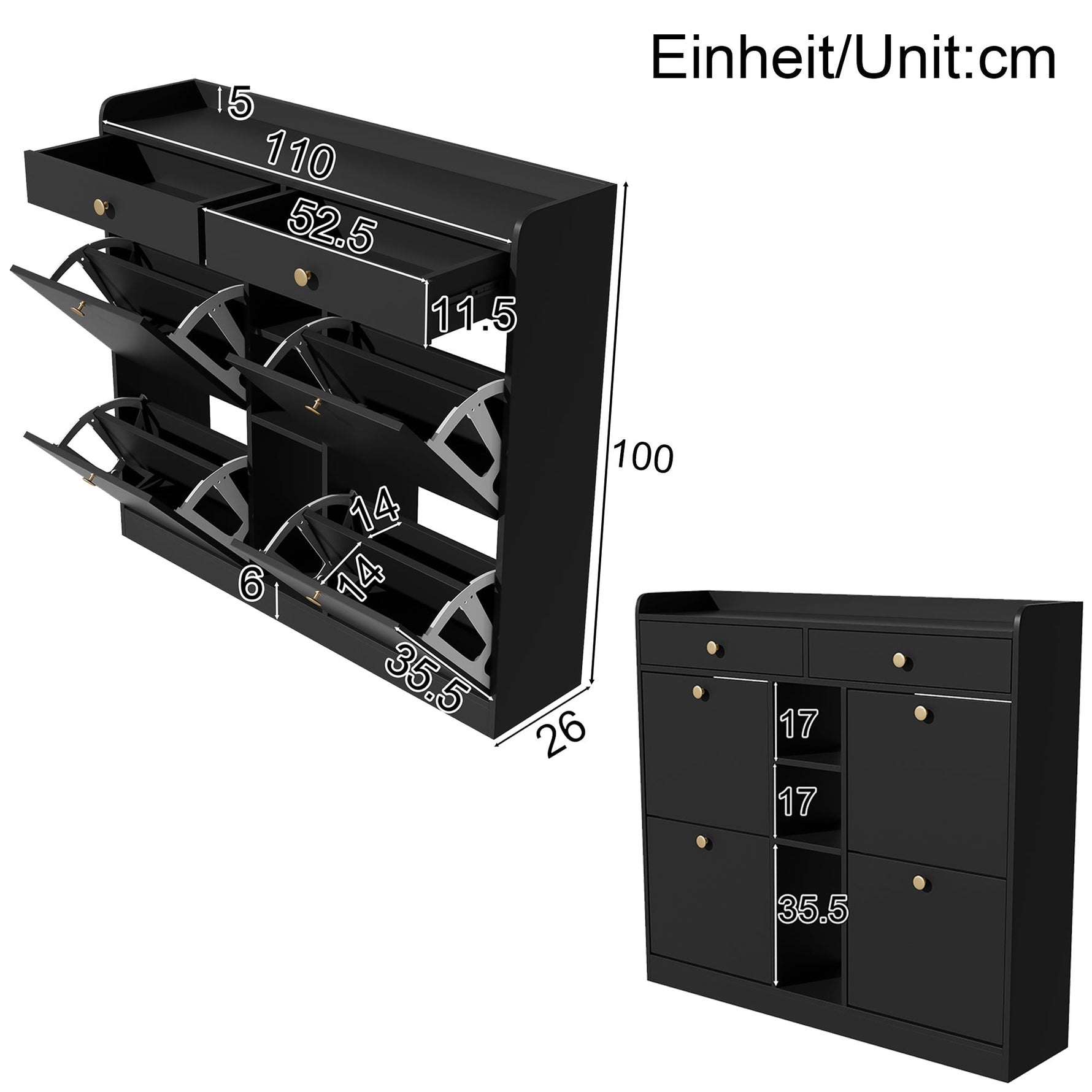 Shoe Cabinet, 4-Door, 2-Drawer, 3-Compartment, Black