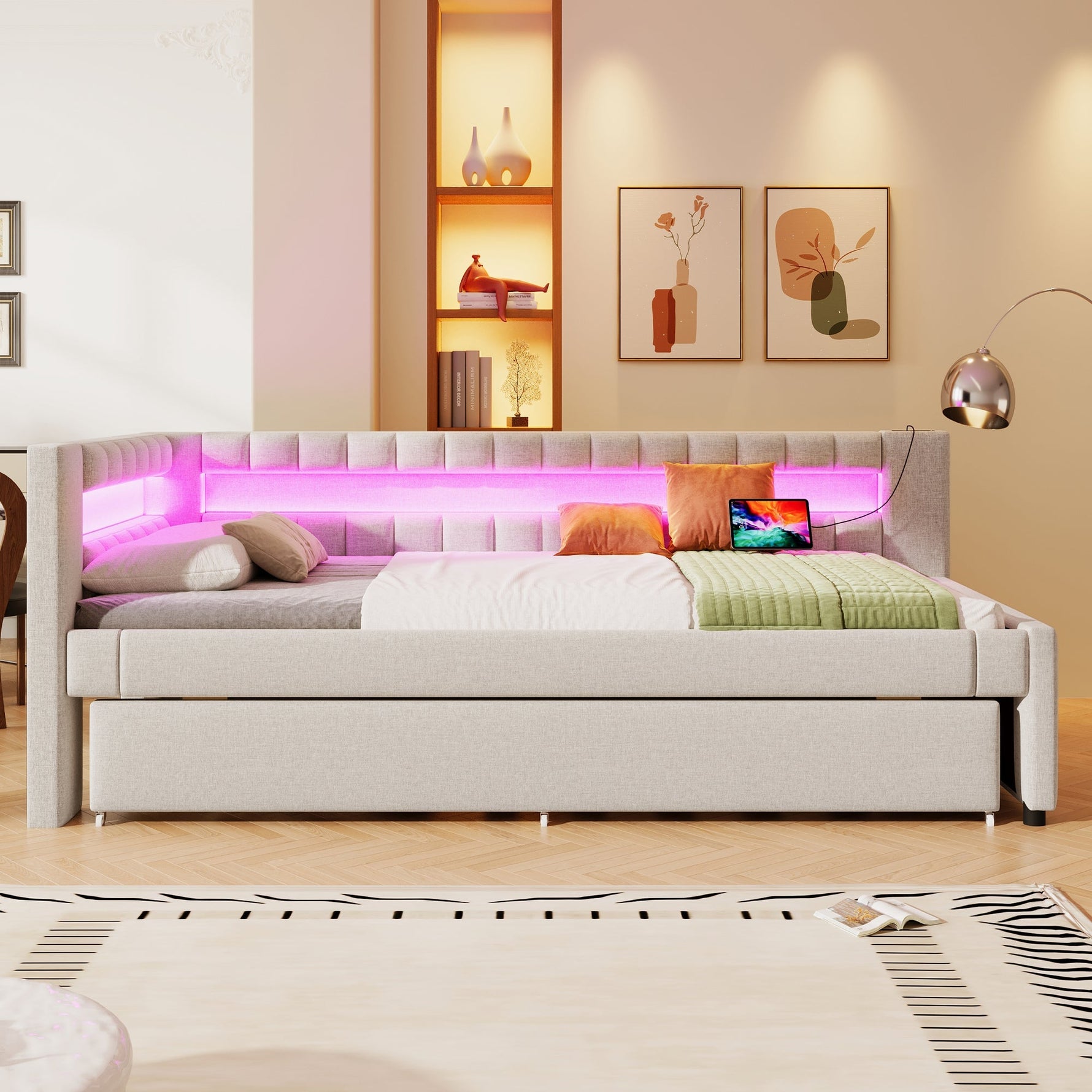 Daybed with LED Light Strip and Pull-out Bed, USB + Type-C, Beige Linen