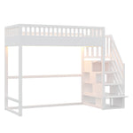 Loft Bed with LED Light Strip and Interchangeable Safety Ladders, 90x200cm, White Solid Pine Wood