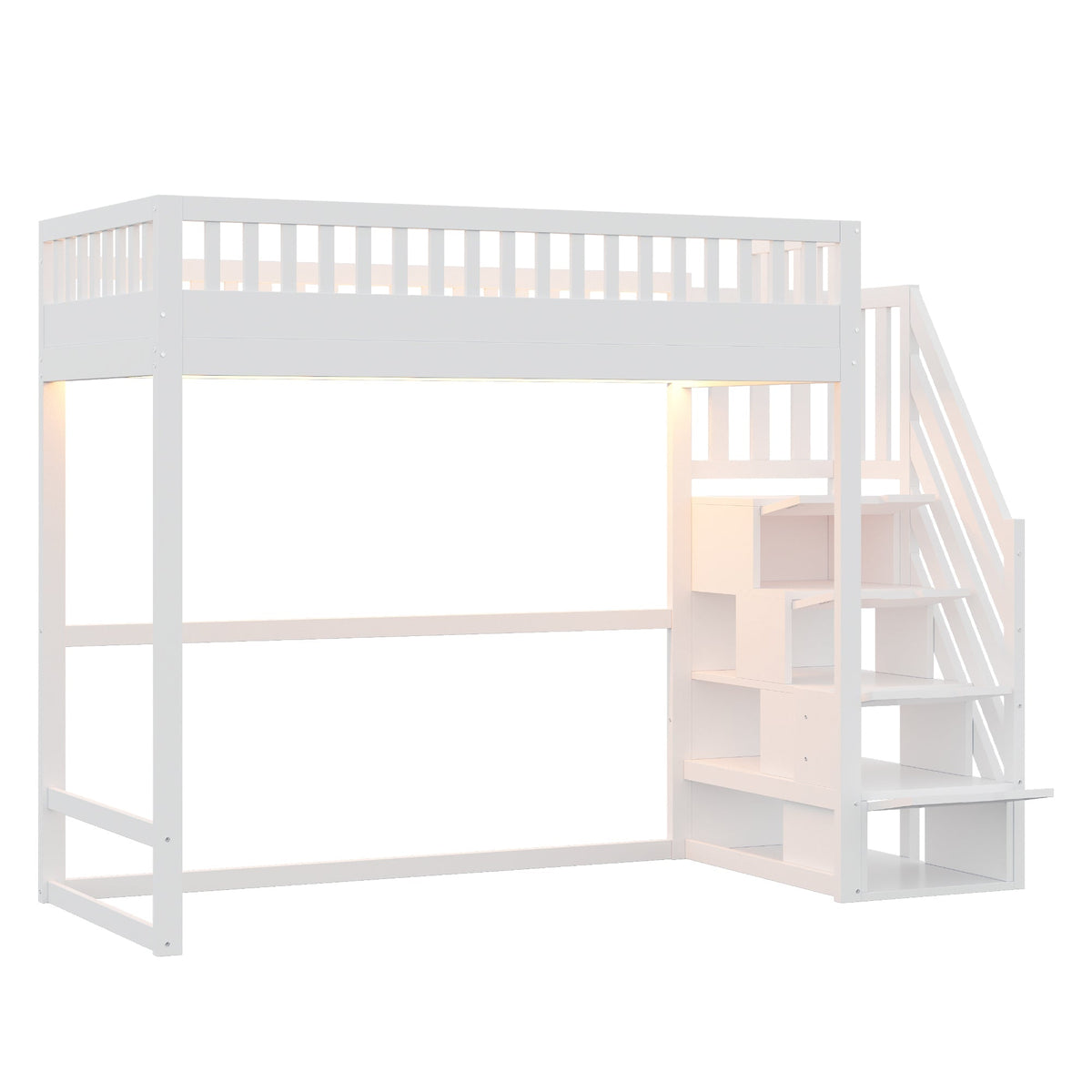 Loft Bed with LED Light Strip and Interchangeable Safety Ladders, 90x200cm, White Solid Pine Wood