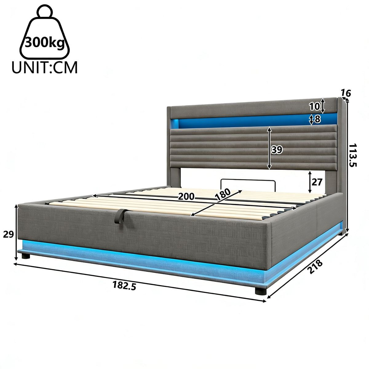Upholstered Bed 180x200 with Storage & LED Light, Grey Linen