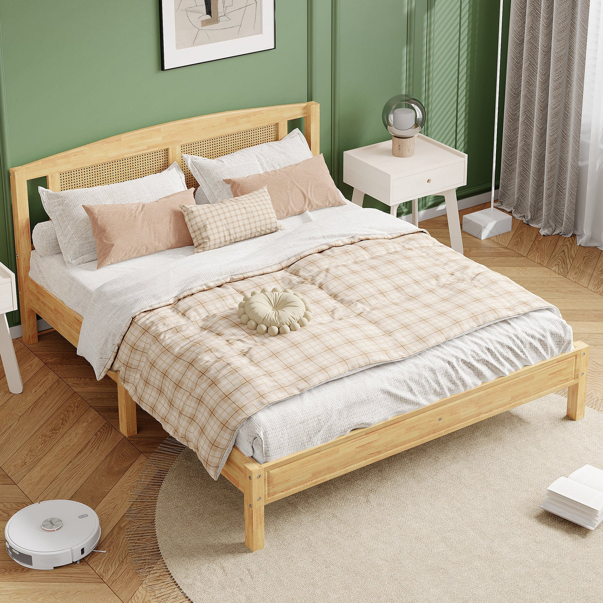 Double Rattan Bed 160x200cm, 15 Slats Pine + PE Rattan, Natural