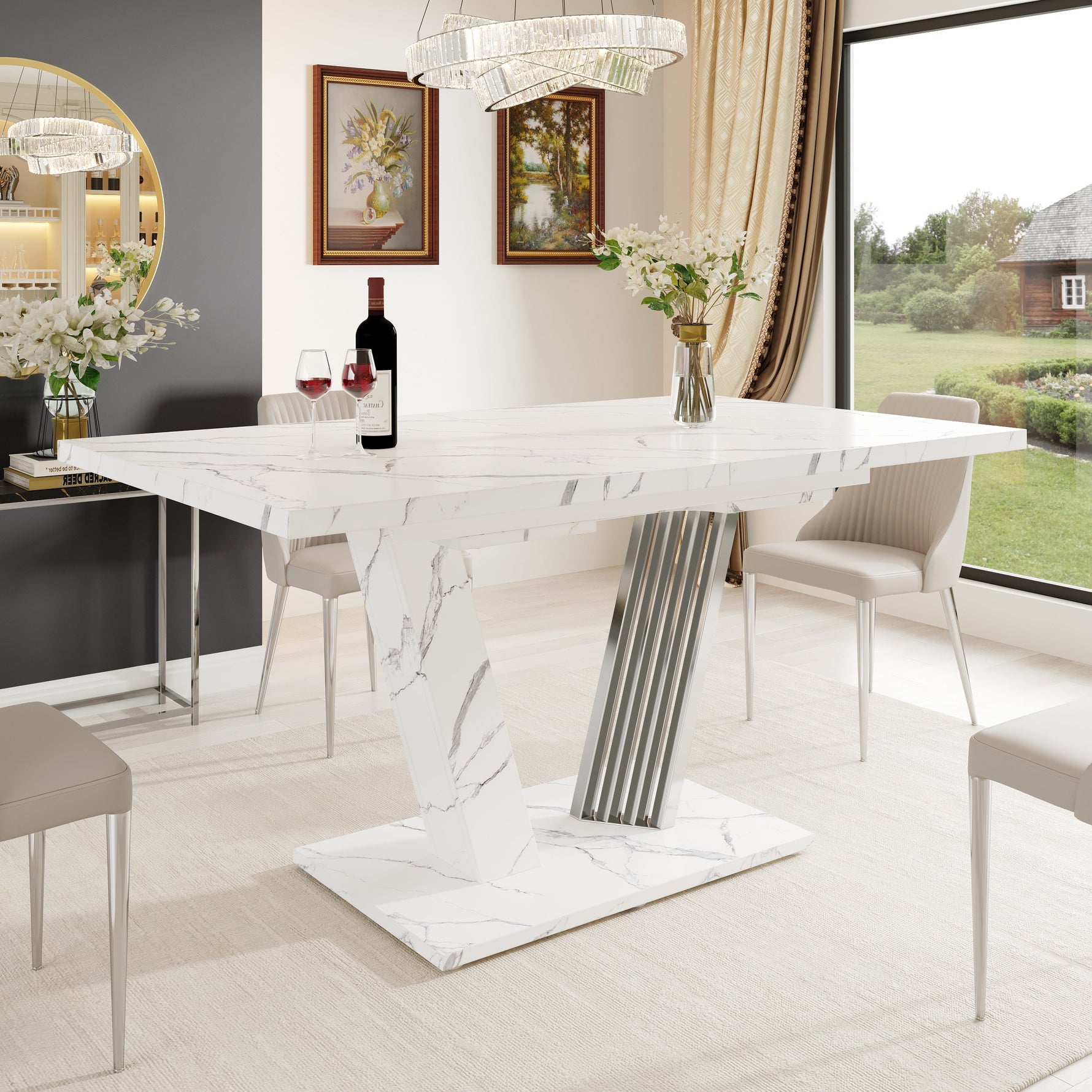 Extendable Dining Table with Butterfly Frame and Leaf, Marble Top and Metal