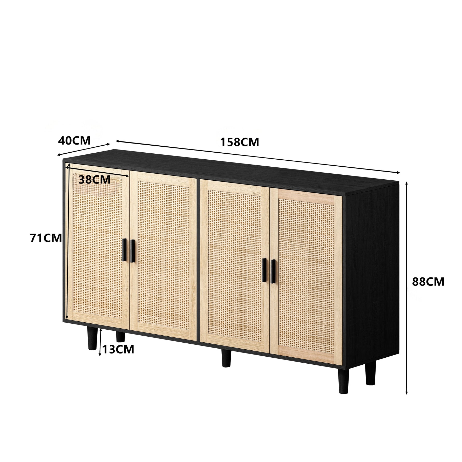 Rattan Storage Cabinet, 158cm 4-Door Decorative, Black