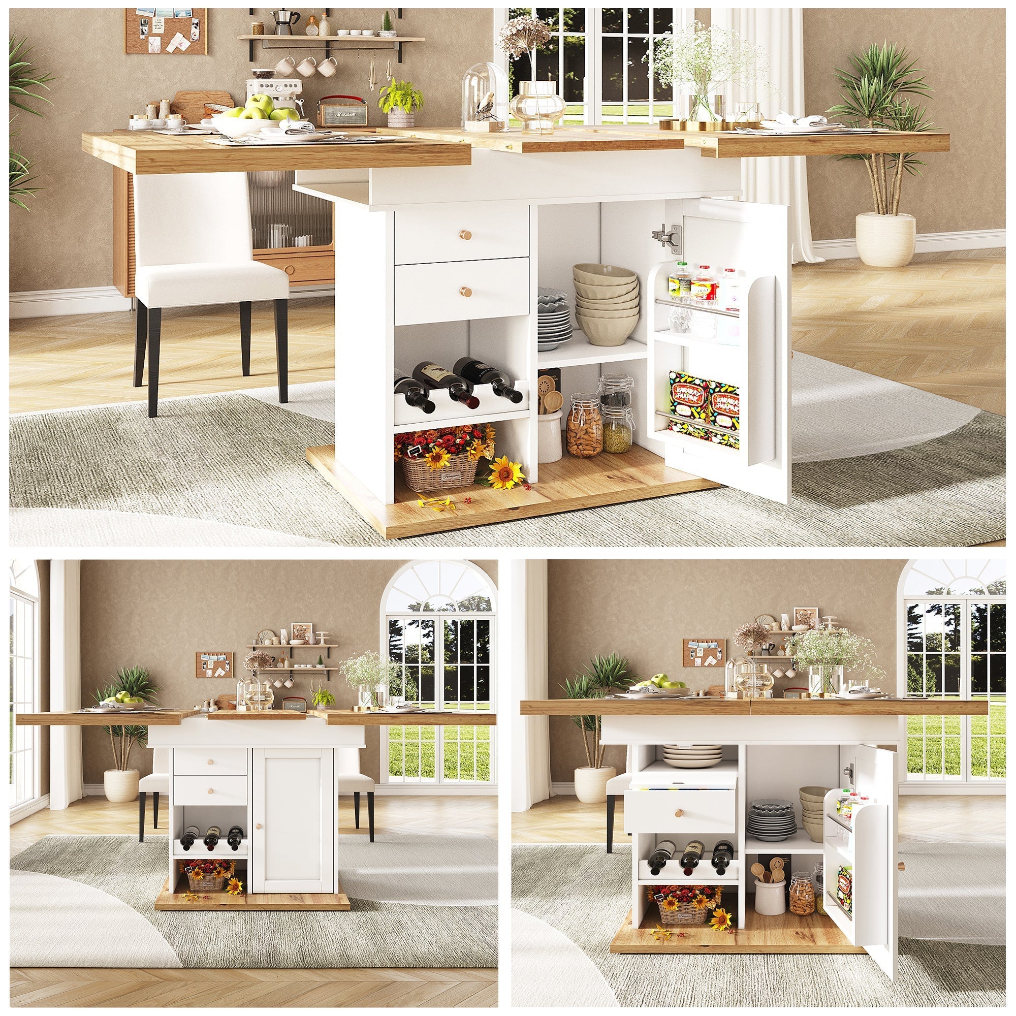 Telescopic Dining Table with Extendable Design and Wine Rack, White