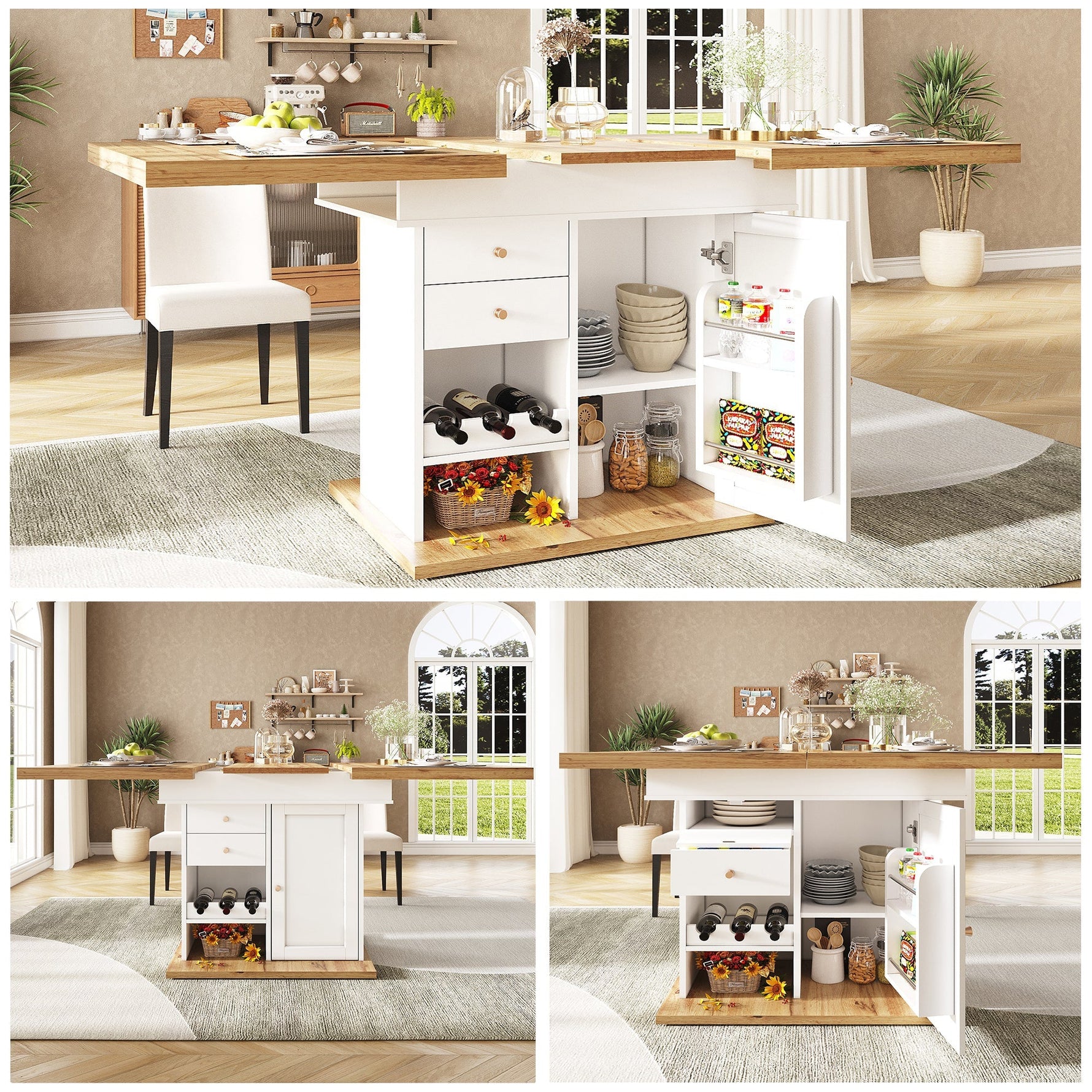 Telescopic Dining Table with Extendable Design and Wine Rack, White
