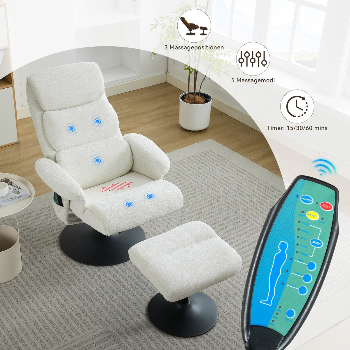 023 Recliner Chair, 5-Point Massage, Electric Heat, Footstool, 360° Swivel, Chenille Fabric White