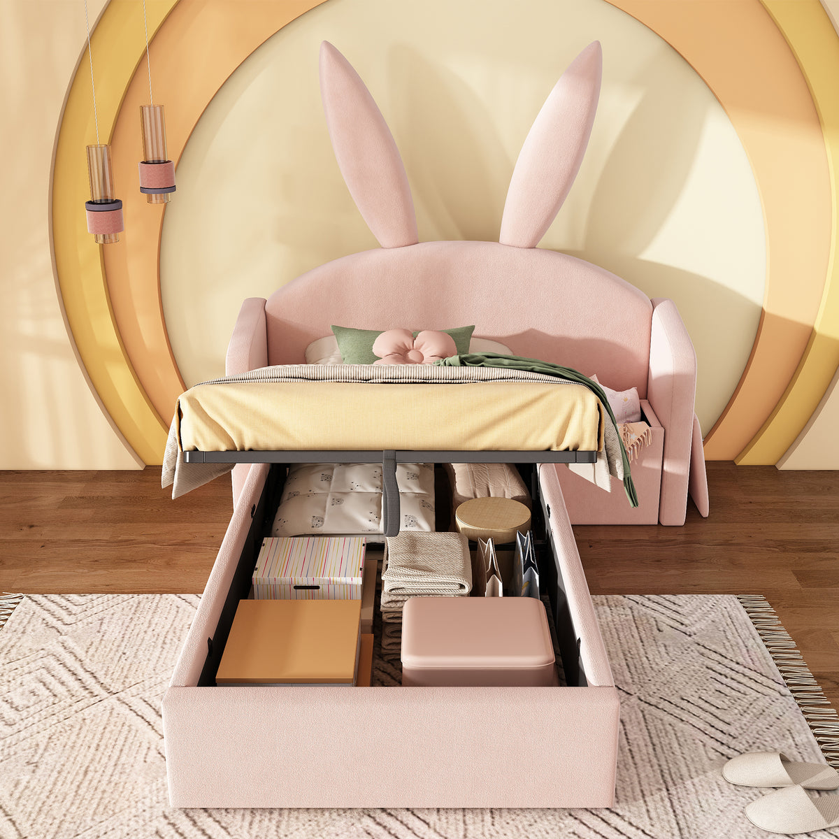 Children's Bed 90x190cm with Storage & Bedside Table, Pink Velvet