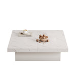 Modern white square coffee table, 90 x 90 x 25 cm with four drawers, sliding tabletop, 30 kg load capacity, marble look