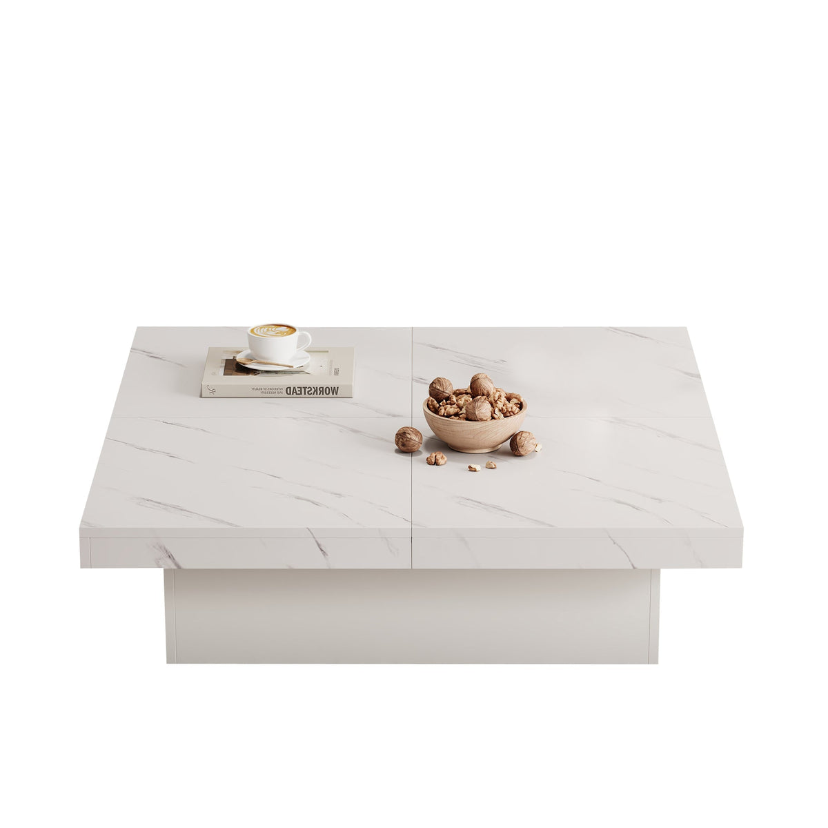 Modern white square coffee table, 90 x 90 x 25 cm with four drawers, sliding tabletop, 30 kg load capacity, marble look