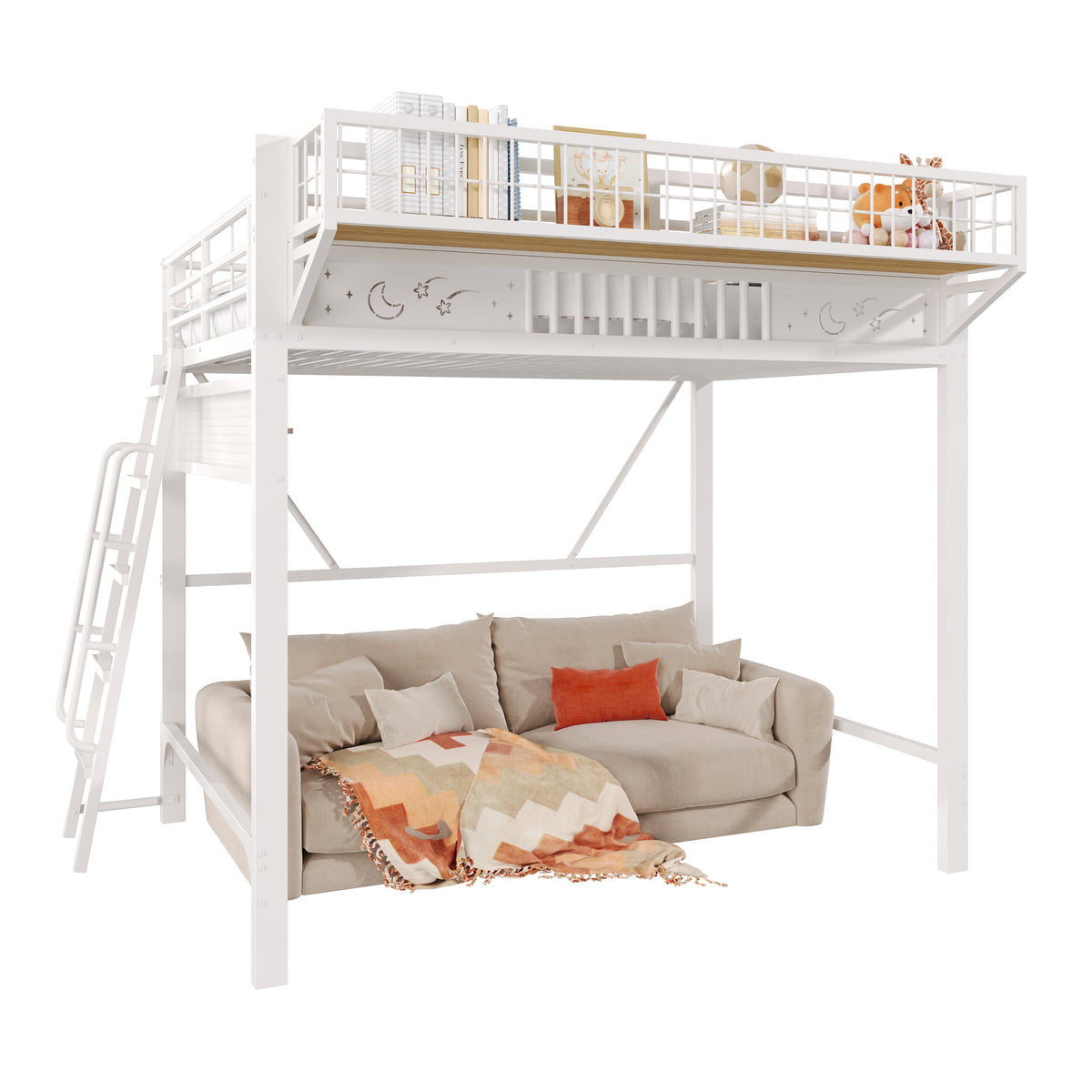 Loft Bed 140x200cm with Storage Compartments, Metal Frame, White