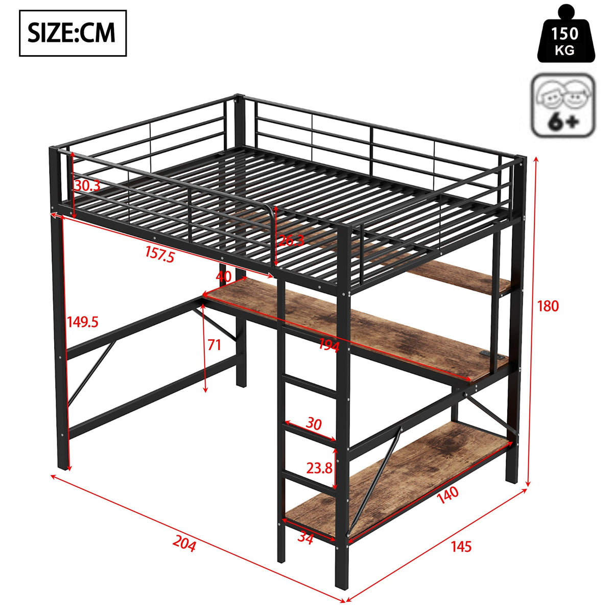 Loft Bed 140x200cm Desk LED USB/Power Outlet Shelf - Metal Black