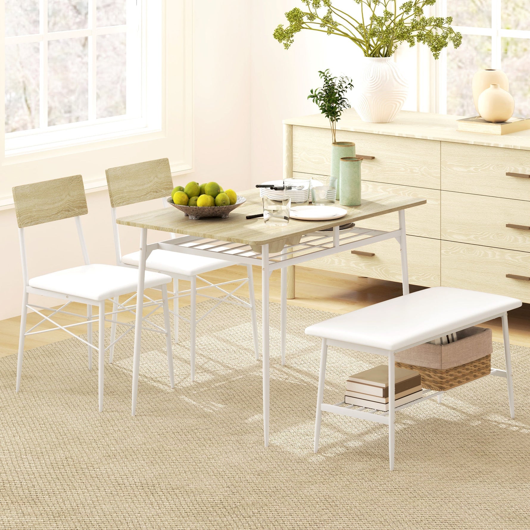 Dining Table Set, 4-Person Kitchen Table with Storage, Oak