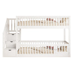 Bunk Bed 90x200 with Safety Stairs & Drawers, White Wood