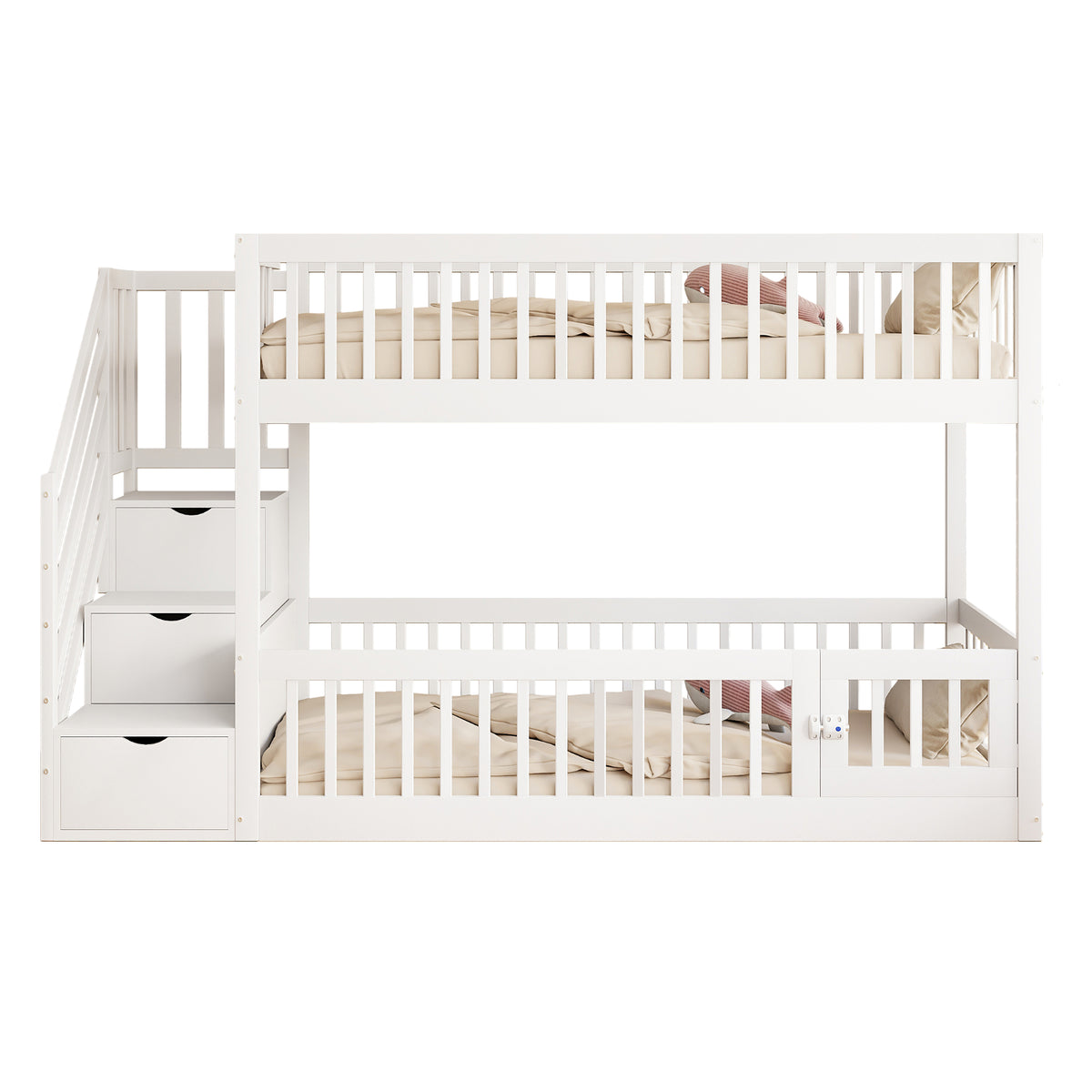 Bunk Bed 90x200 with Safety Stairs & Drawers, White Wood